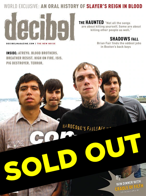 The image shows the cover of a November 2004 issue of Decibel magazine, featuring a black and white photograph of a band, with text detailing the magazine's content highlights.