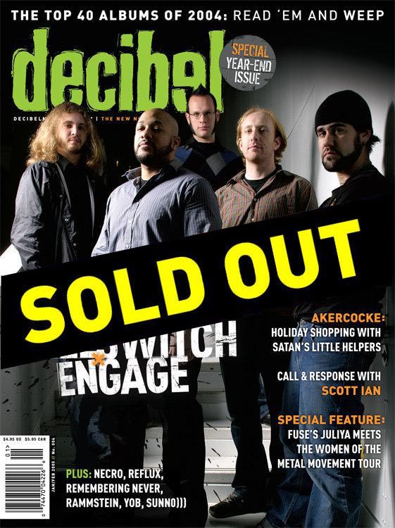 Magazine cover of Decibel featuring a band, with text 'SOLD OUT' indicating the magazine is out of print.
