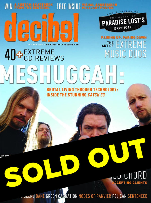 Magazine cover of Decibel featuring the band Meshuggah with the title 'Brutal Living Through Technology: Inside The Stunning Catch 33'.