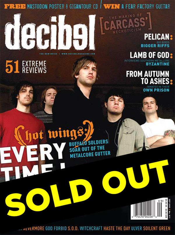 Magazine cover of Decibel featuring a band, with text overlays indicating 'EVERY TIME I DIE' and track names 'BUFFALO SOLDIERS' and 'CHIMING CLOCKS'.