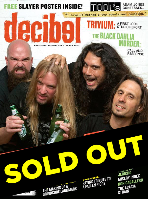 Magazine cover of Decibel featuring a black and white photo of a metal band with bottles of beer, indicating a rock music theme.