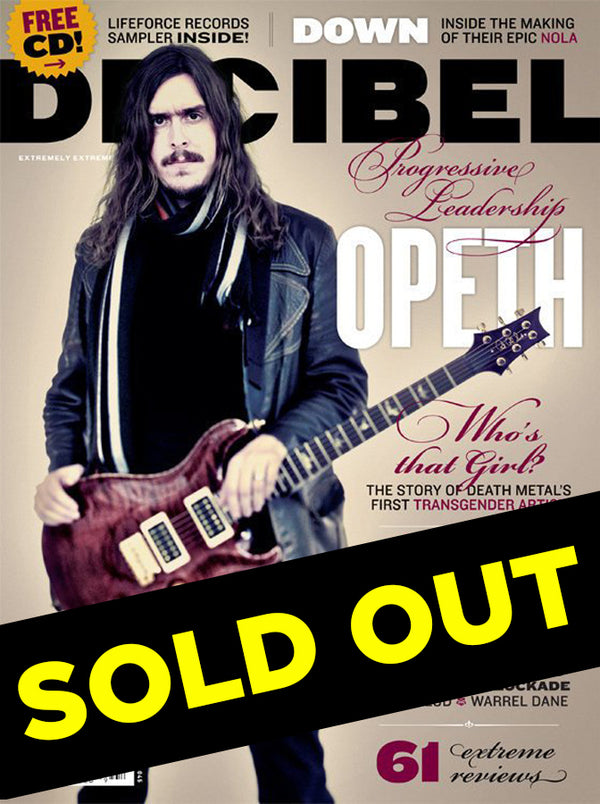 July 2008 issue of Decibel magazine with a cover featuring a man on the front, holding a guitar, and text that indicates an interview with Opeth and a review of their album 'Darwin's Eye'.