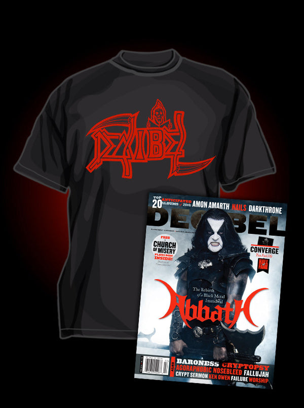 Promotional image featuring a package containing a black t-shirt with a red 'DEATH' logo and a magazine with a black and white cover, promoting a magazine subscription bundled with a t-shirt.