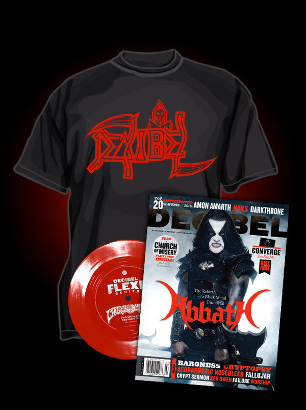 Promotional image featuring a package containing a black t-shirt with a red 'DEATH' logo, a flexi disc, and a magazine with a black and white cover, promoting a magazine subscription bundled with a t-shirt.