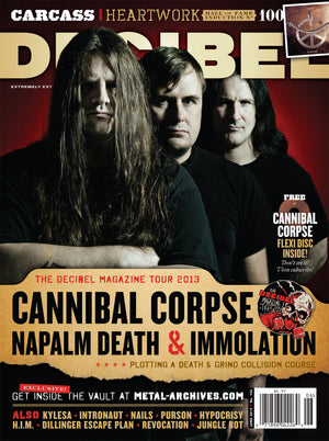 Decibel magazine cover featuring Cannibal Corpse with promotional text and graphics.