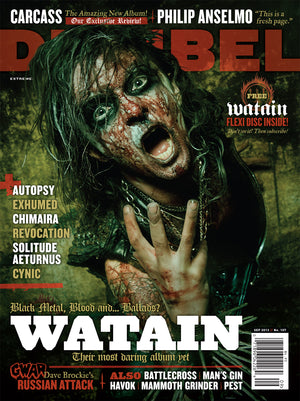 Magazine cover featuring a person with tattoos and blood, with text about Watain and other bands.