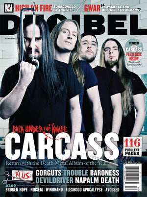 Magazine cover featuring a band with long hair and beards, holding a knife, with text about Carcass and other bands.