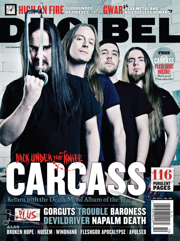 Magazine cover featuring a band with long hair and beards, holding a knife, with text about Carcass and other bands.