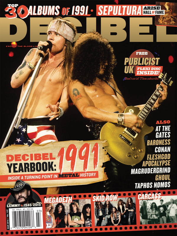 Magazine cover featuring Guns N Roses on stage with text about 'Top 30 Albums of 1991' and 'Decibel Yearbook: 1991'.