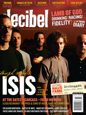 Decibel magazine cover featuring a band with text about metal bands and music.