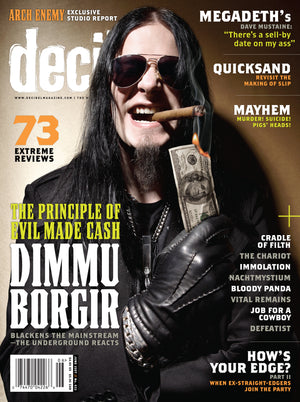 Magazine cover featuring a person with sunglasses and a cigar, with text about music bands Dimmu Borgir and reviews.
