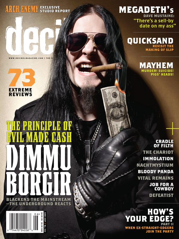 Magazine cover featuring a person with sunglasses and a cigar, with text about music bands Dimmu Borgir and reviews.