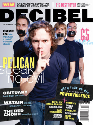 Magazine cover featuring a person with a 'shh' gesture and text about music bands Pelican Obituary and Watain