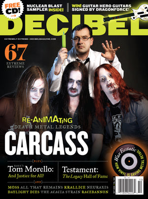Magazine cover featuring a group of people with zombie makeup and text about Carcass and Testament.