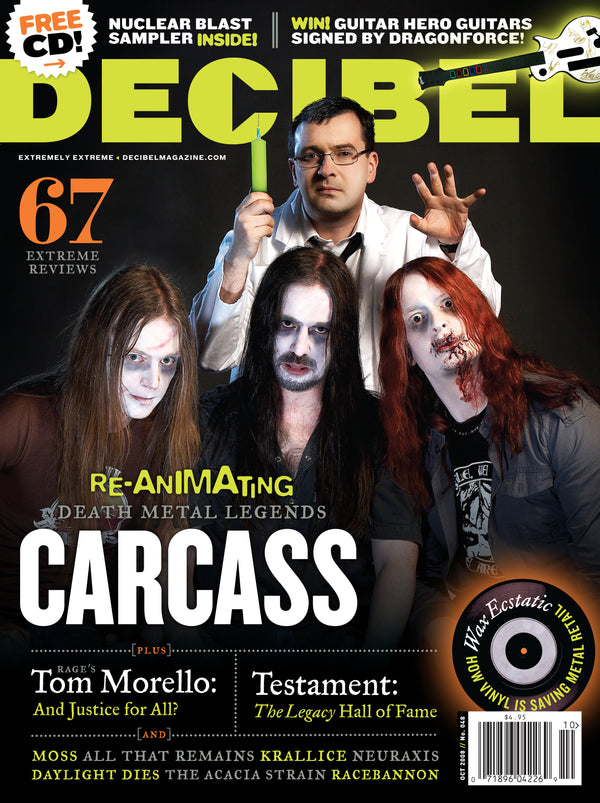 Magazine cover featuring a group of people with zombie makeup and text about Carcass and Testament.