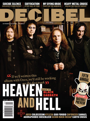 Decibel magazine cover featuring a band with text about Heaven and Hell and Black Sabbath.