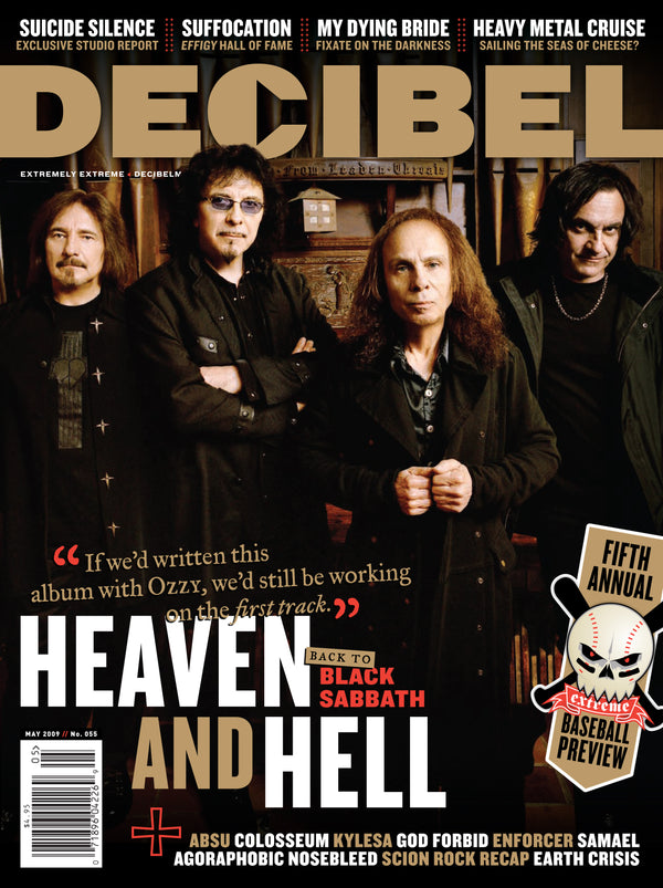 Decibel magazine cover featuring a band with text about Heaven and Hell and Black Sabbath.