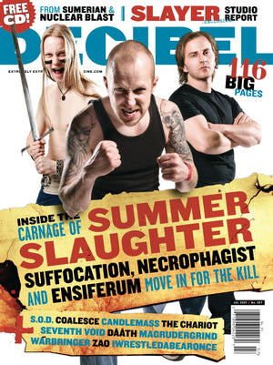 Magazine cover featuring a band with text about music groups.