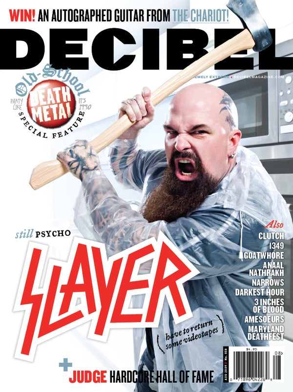 Magazine cover featuring a person holding an axe with Slayer branding