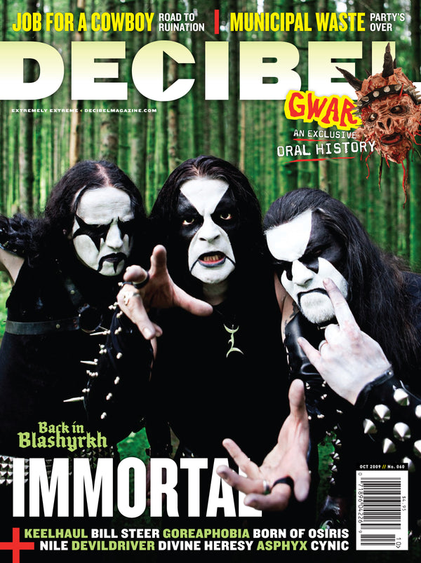 Magazine cover featuring the band immortal wearing corpsepaint in a forest