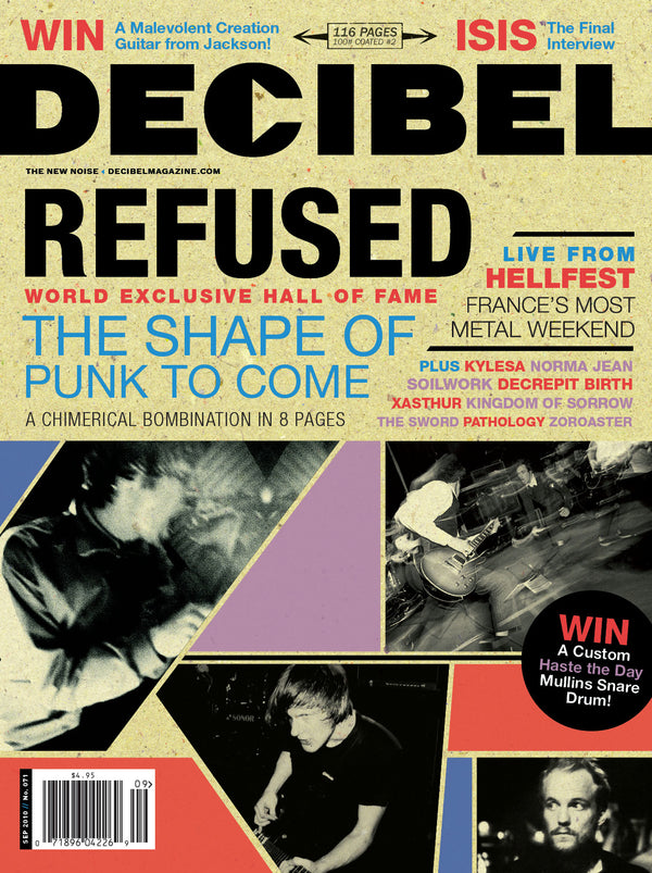 Magazine cover featuring Decibel and Refused with band members and text.