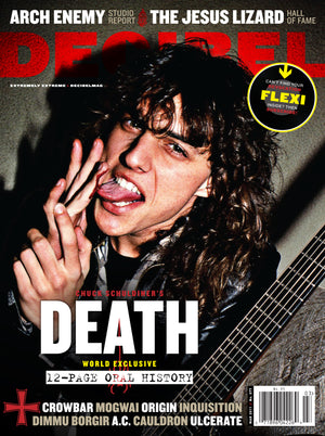 Magazine cover featuring a person with a guitar, with text about Death, Arch Enemy and The Jesus Lizard.
