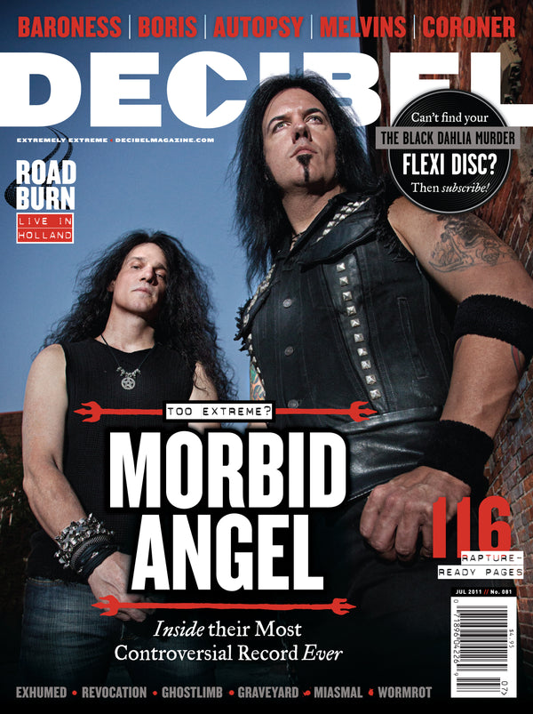 Decibel Magazine cover featuring Morbid Angel with promotional text