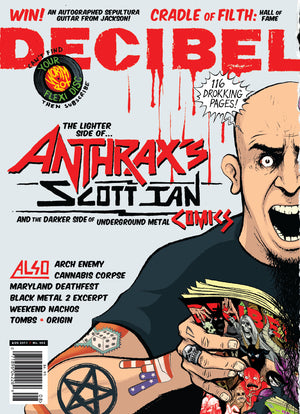 Magazine cover featuring a tattooed person with text about Anthrax's Scott Ian and metal comics.