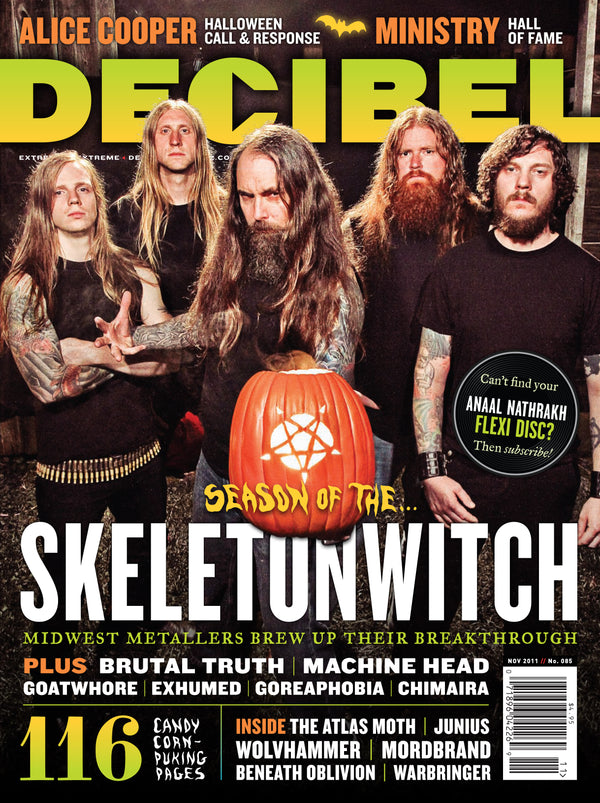 Magazine cover featuring a band with a pumpkin and text about 'Season of the Skeletonwitch'.