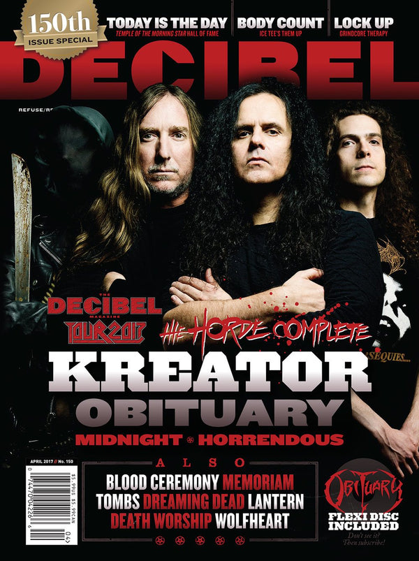 Magazine cover featuring three band members with text about music bands on a dark background