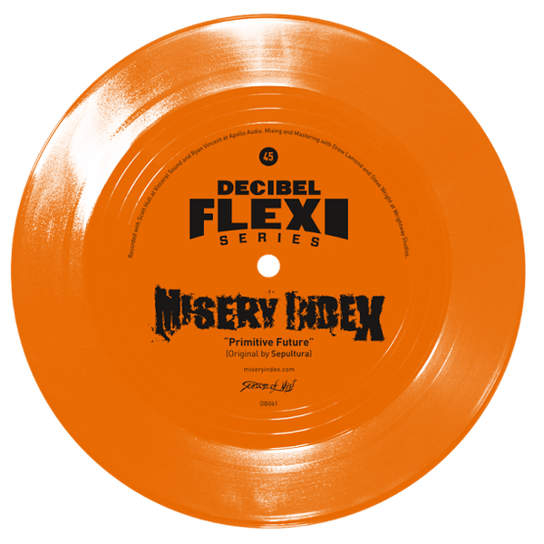 Orange vinyl record with 'Decibel Flexi Series' and 'Misery Index' text on a dark background