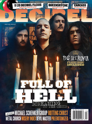 Magazine cover with four men and candles, featuring the title 'Full of Hell'.