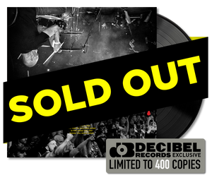 promotional image of Deadguy Buyers Remorse LP cover black vinyl, Decibel Records exclusive limited to 400 copies, with sold-out banner