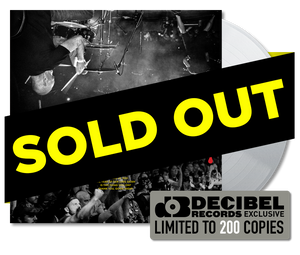 Promotional image for Deadguybuyers remorse LP on Silver vinyl, with 'SOLD OUT' text, featuring  album cover and a 'DECIBEL EXCLUSIVE' badge.