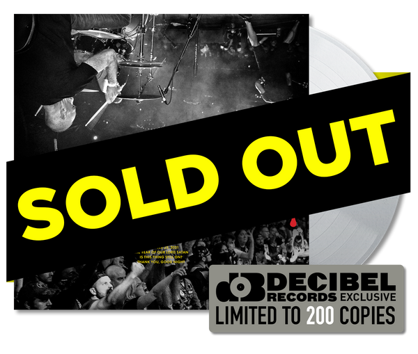 Promotional image for Deadguybuyers remorse LP on Silver vinyl, with 'SOLD OUT' text, featuring  album cover and a 'DECIBEL EXCLUSIVE' badge.